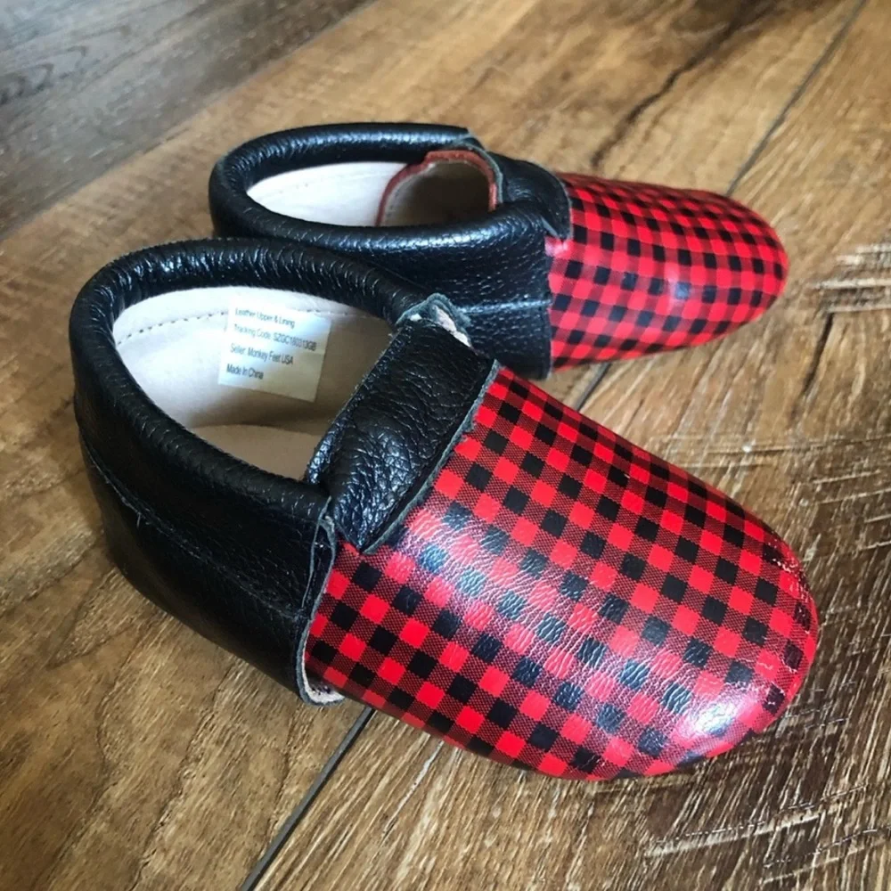 Red and Black Plaid Leather Baby Moccasins by Monkey Feet